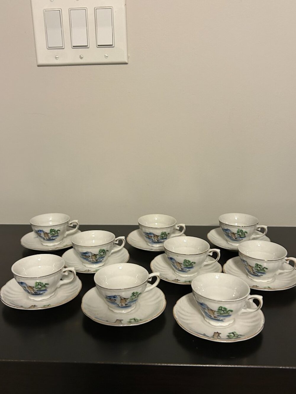Vintage Set of 9 Mini KUTANI Japanese Eggshell Porcelain Teacups & Saucers